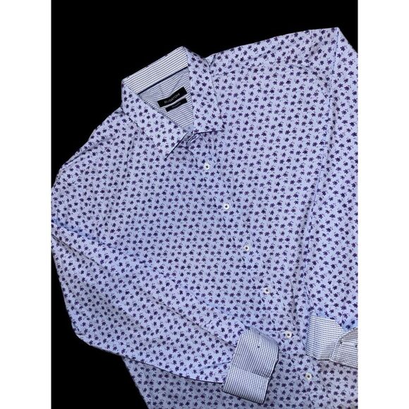 Bugatchi Men's Dress‎ Shirt Flip Cuff Men's XXL White Purple Floral Preppy - Picture 1 of 9
